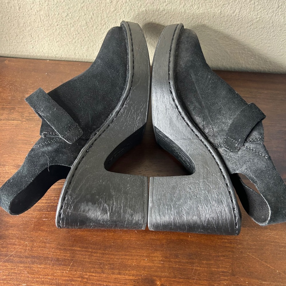 Born Sandals 10 Black Suede Platform Slingback Clogs Square Toe Chunky Heel - Picture 5 of 7
